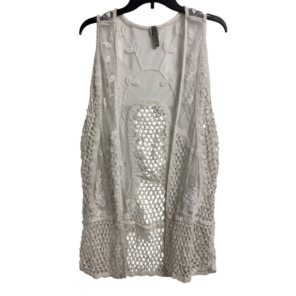 XCVI White Cotton Crochet Mesh Embroidered Vest Boho Sleeveless Cardigan